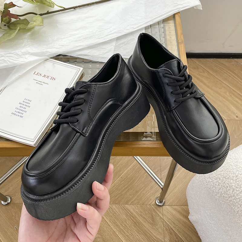 2022 Spring Autumn Women Oxford Shoes Flat on Platform Casual Shoes Black Lace Up Leather Shoes Sewing Round Toe Zapatos Mujer