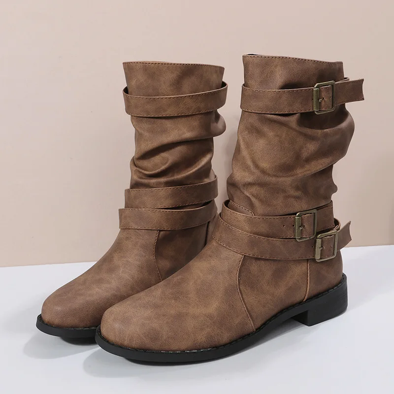 Autumn Winter Sexy New Large Medium Boots Round toe flat boots for women Round Head Flat Bottom Buckle Women's Motorcycle Boots