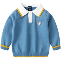 Autumn Toddler Boy Sweater Turn Down Collar Cartoon Embroidery Long Sleeve Baby Boy Pullover Loose Warm Striped Kid Boy Knitwear 5