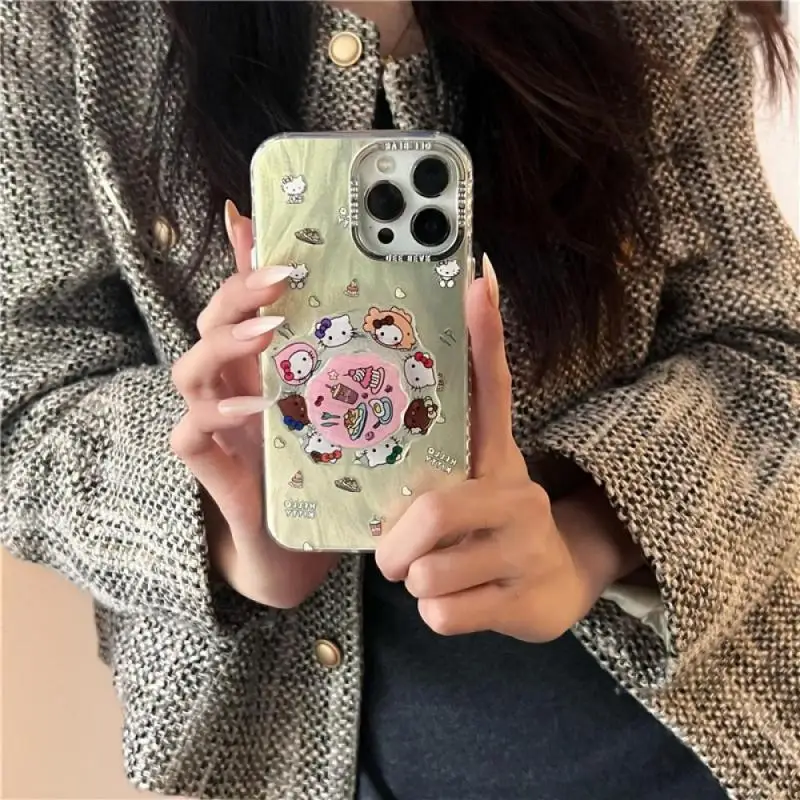 

Hello Kitty Iphone 15Promax Case Kawaii Sanrio Cute Anime Y2K Kids Toys Food Turntable Stand Anti-Drop Case for 14/13/12/11 Pro