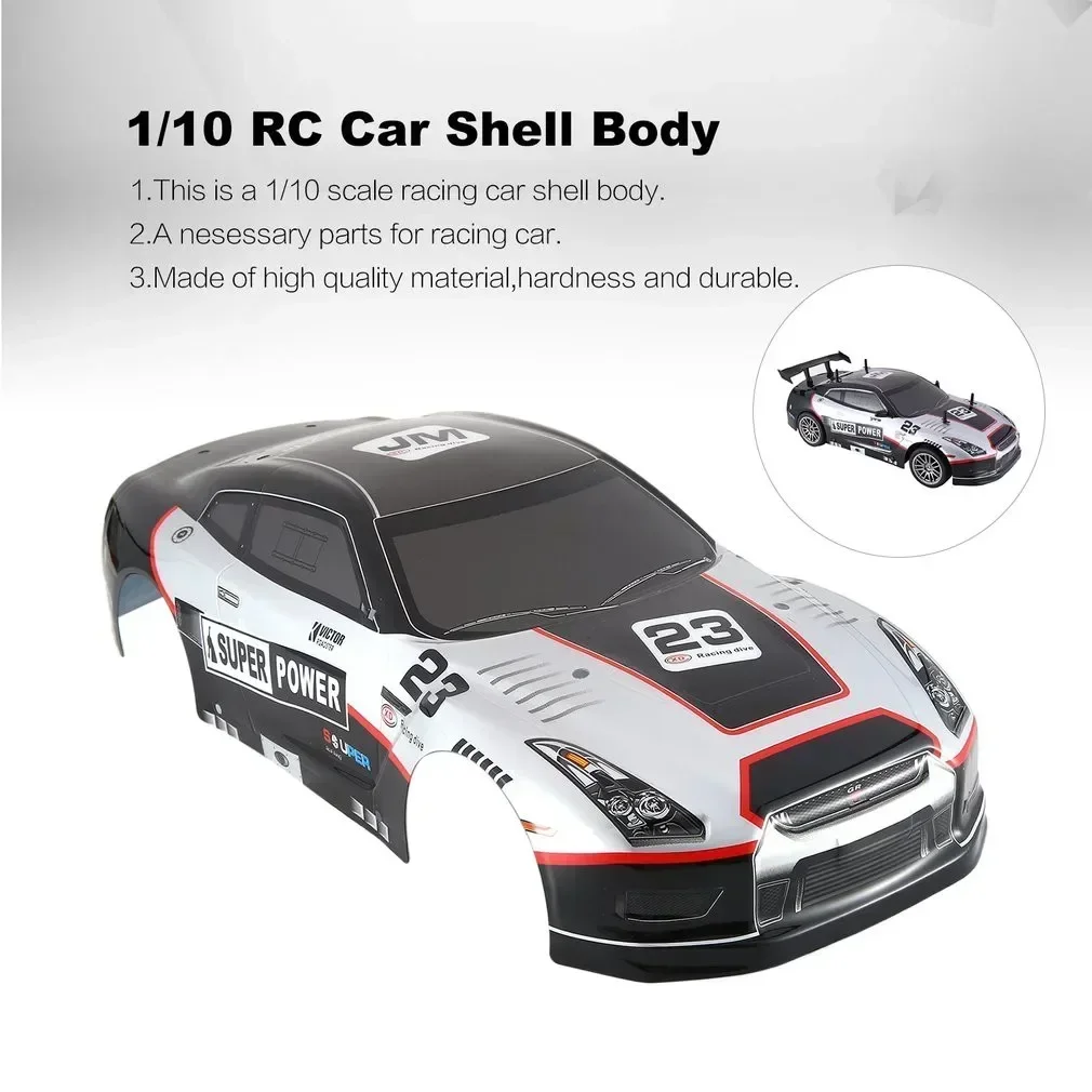 Coque de voiture RC 1/10 peinte en PVC, largeur 195/190mm, posée sur une surface plane.