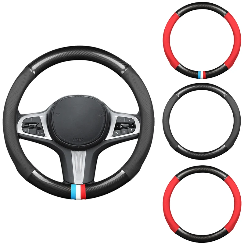 

38cm Microfiber Leather Carbon Fiber Black Red Sport 3 Lines Universal Car Steering Wheel Cover Anti-Slip Auto Accessories