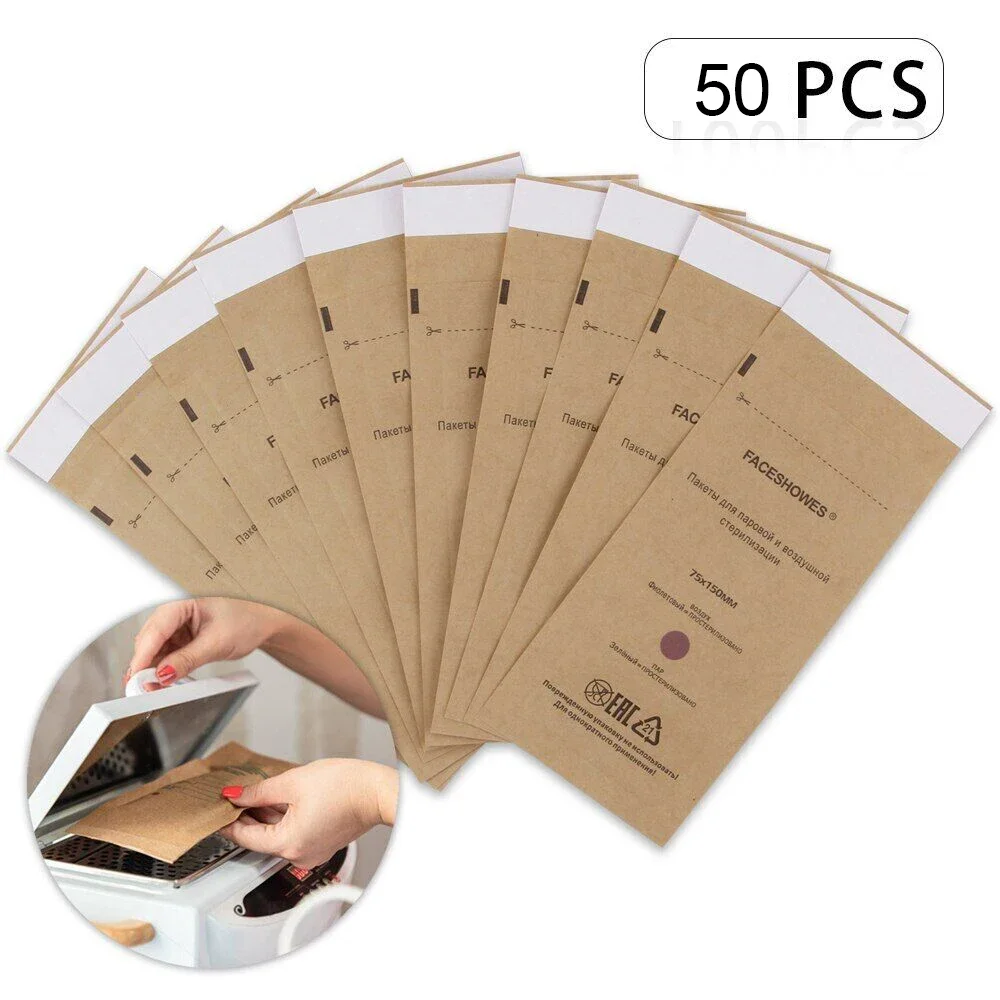 Nail Disinfection Bag Self-Sealing Disposable Manicure Pouch Autoclave Kraft Paper Cleaning 50Pcs For Dentist Tools