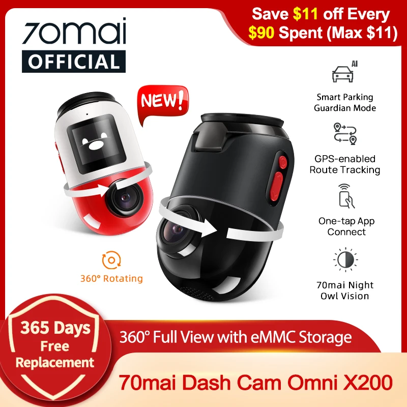 70mai Dash Cam Omni X200 360 Full View Design Ai Motion Detection Car Dvr  Built-in Gps Adas 24h Parking Monitior Emmc Storage