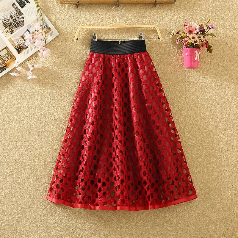 Lace Hollow Out A line Ball Gown Elastic High Waist Zipper Women's Skirt Korean Fashion Knee