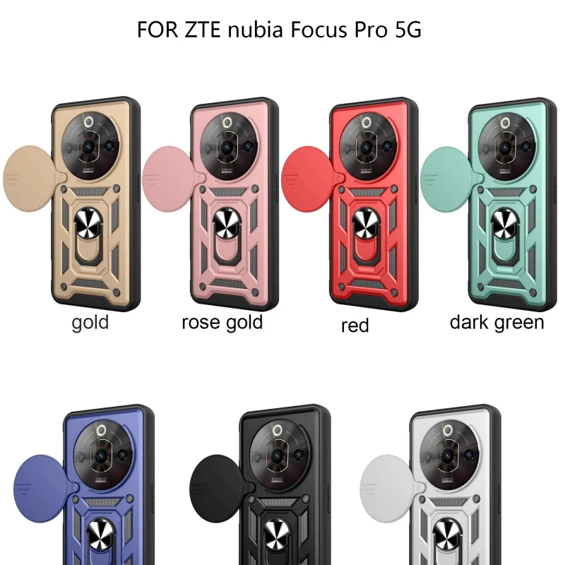 ZTE Nubia Focus Pro 5G Protective Case with Slide Lens Cover and Magnetic Ring Holder Armor Design