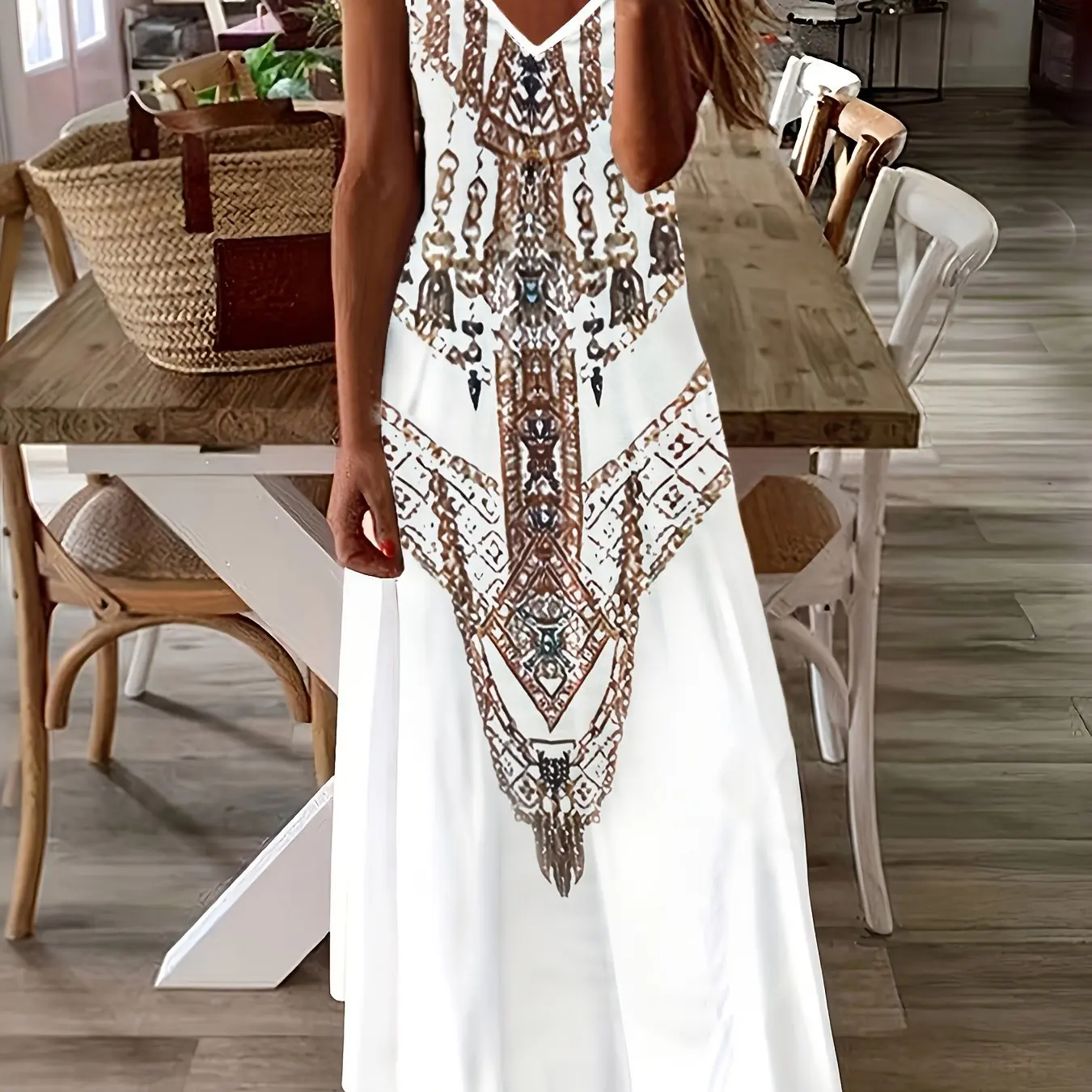 thumbnail image 1 of Vestido largo informal de corte A con tirantes y estampado de salpicaduras de degradado de verano para mujer, elegante y holgado para playa de primavera., 1 of 4