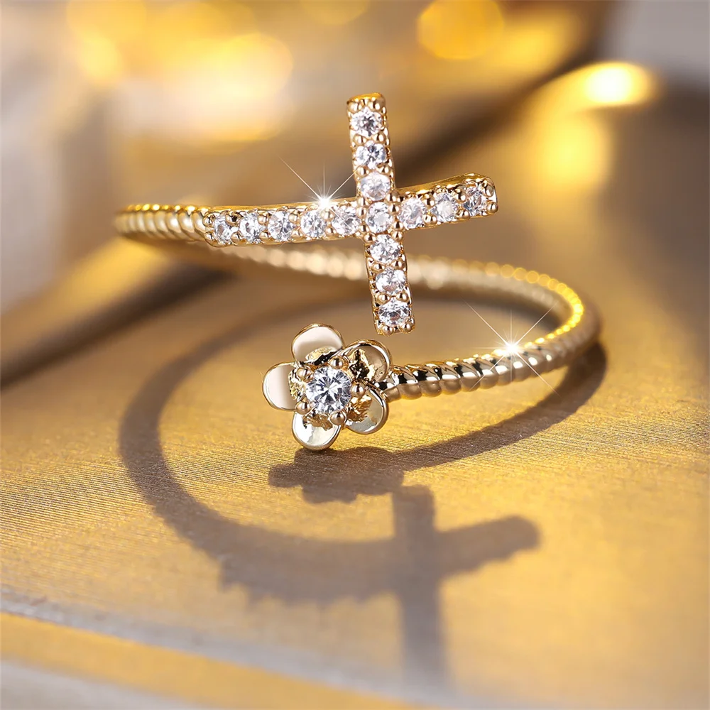 Cute Plumeria Flower White Zircon Cross Opening Ring Vintage Rose Gold Silver Color Wedding Bands Engagement Jewelry For Women