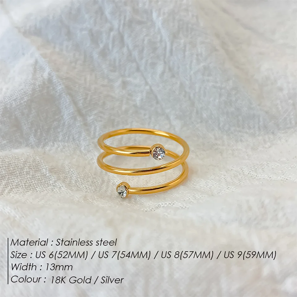 Luxuriöse 18K Vergoldete Dreifach-Spiral-Wickelringe für Frauen Edelstahl Minimalistischer Zirkon Offener Ring Trendiger Schmuck Geschenk – Detail 2