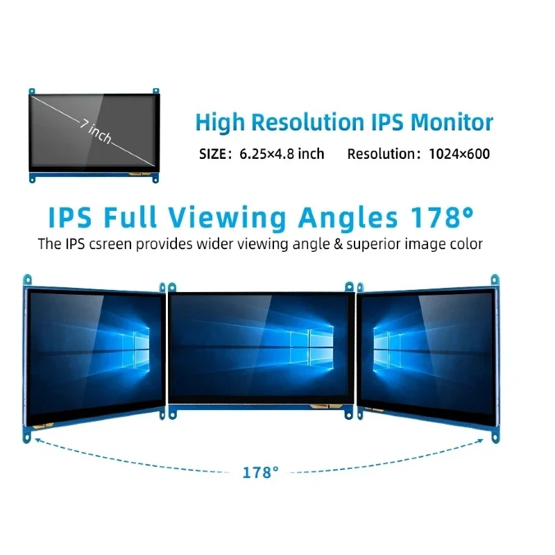 7인치 라즈베리 파이 4//+ 모니터 1024x600 IPS 5포인트 정전식 터치스크린 드라이브 무료 HDMI 디스플레이(Win10용)