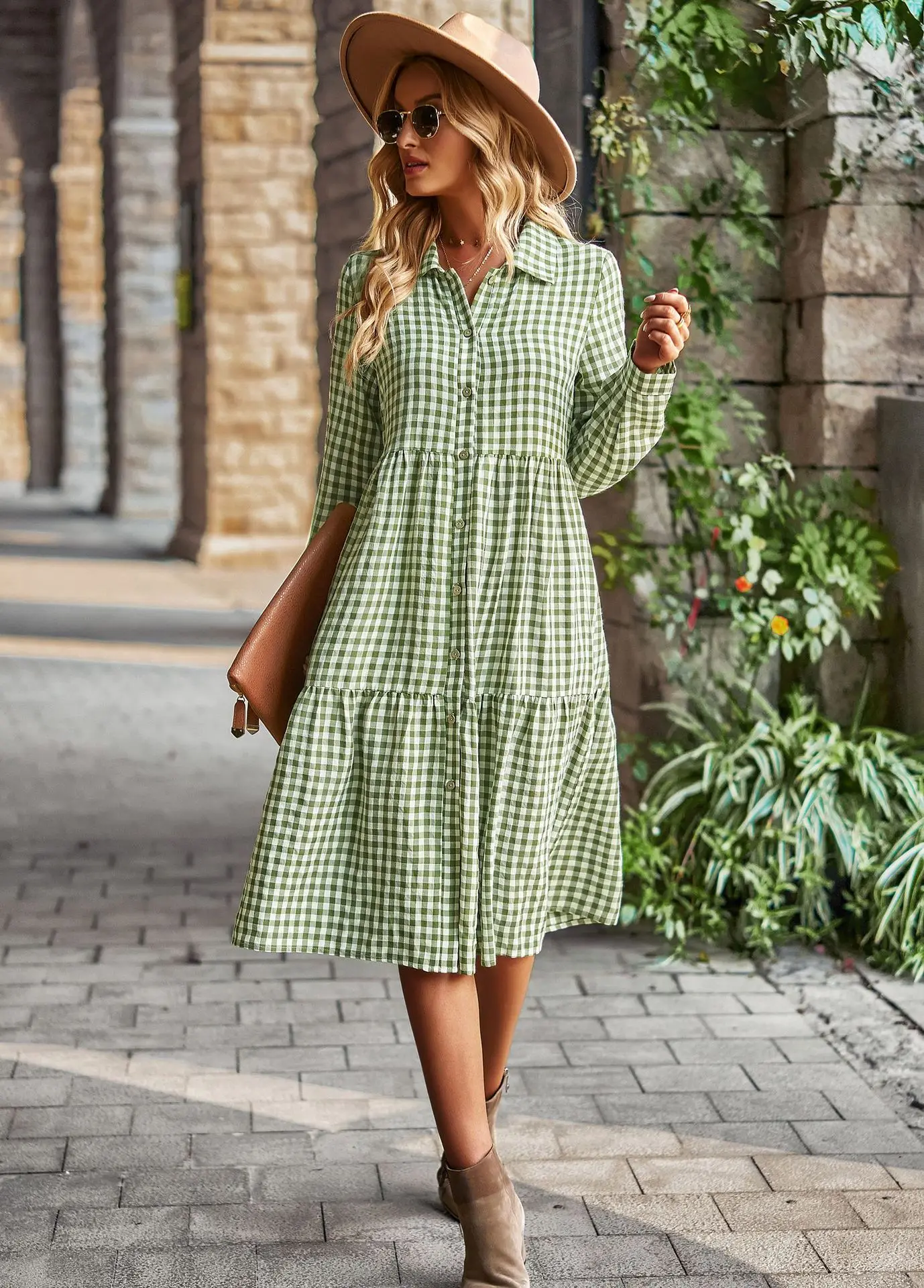 2023 New Plaid Print A-line Long Sleeve Shirt Dress Women Casual V-neck  Ruffles Loose Midi Dress Female Holiday Party Dress - Dresses - AliExpress