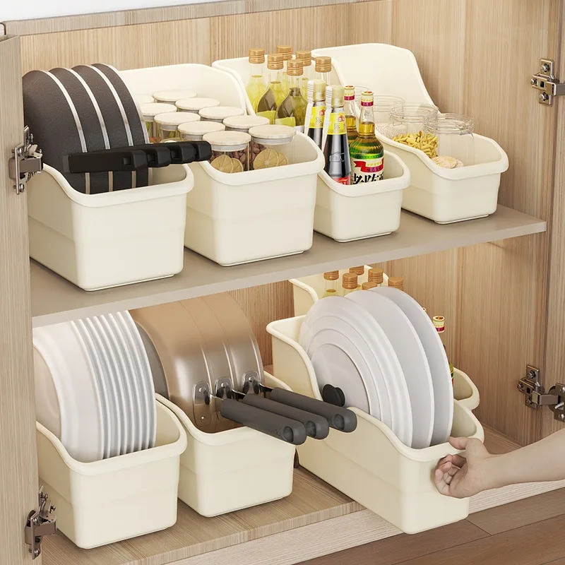 Kitchen Storage Box Food-Grade PP Pantry Organizers with Sliding Rail for Under-Cabinet Large Capacity Home Clutter Management