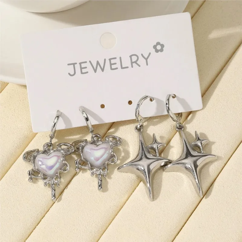 2 Pairs/set Love Heart&Star Earring Sets for Women Y2K Style New Trend Earrings Party Jewelry Gifts