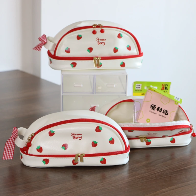 Cute Strawberry Love Pen Bag for Cool Girl PU Easy to Clean Butterfly Knot Stationery Storage Bag Birthday Gift Pen 1pc