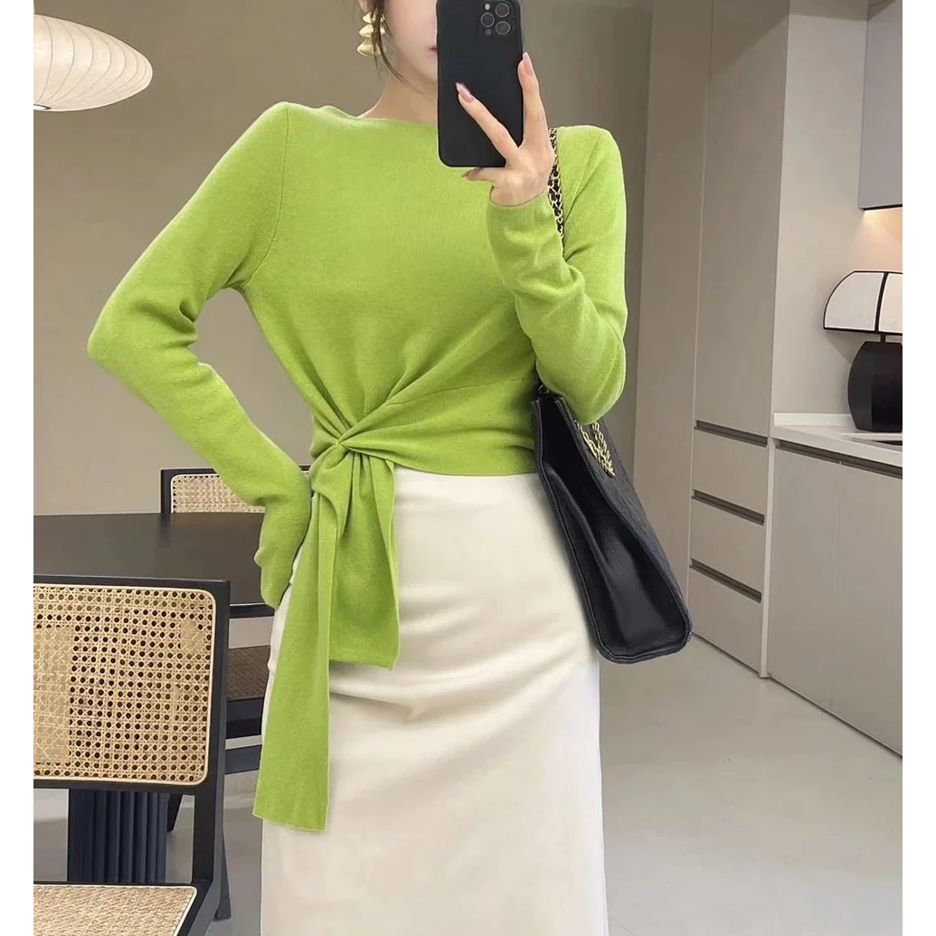 

Women's Spring and Autumn Round Neck Long Sleeve Solid Color Knitwear Fashion Casual Slim Elegant Commuter Korean Version Tops