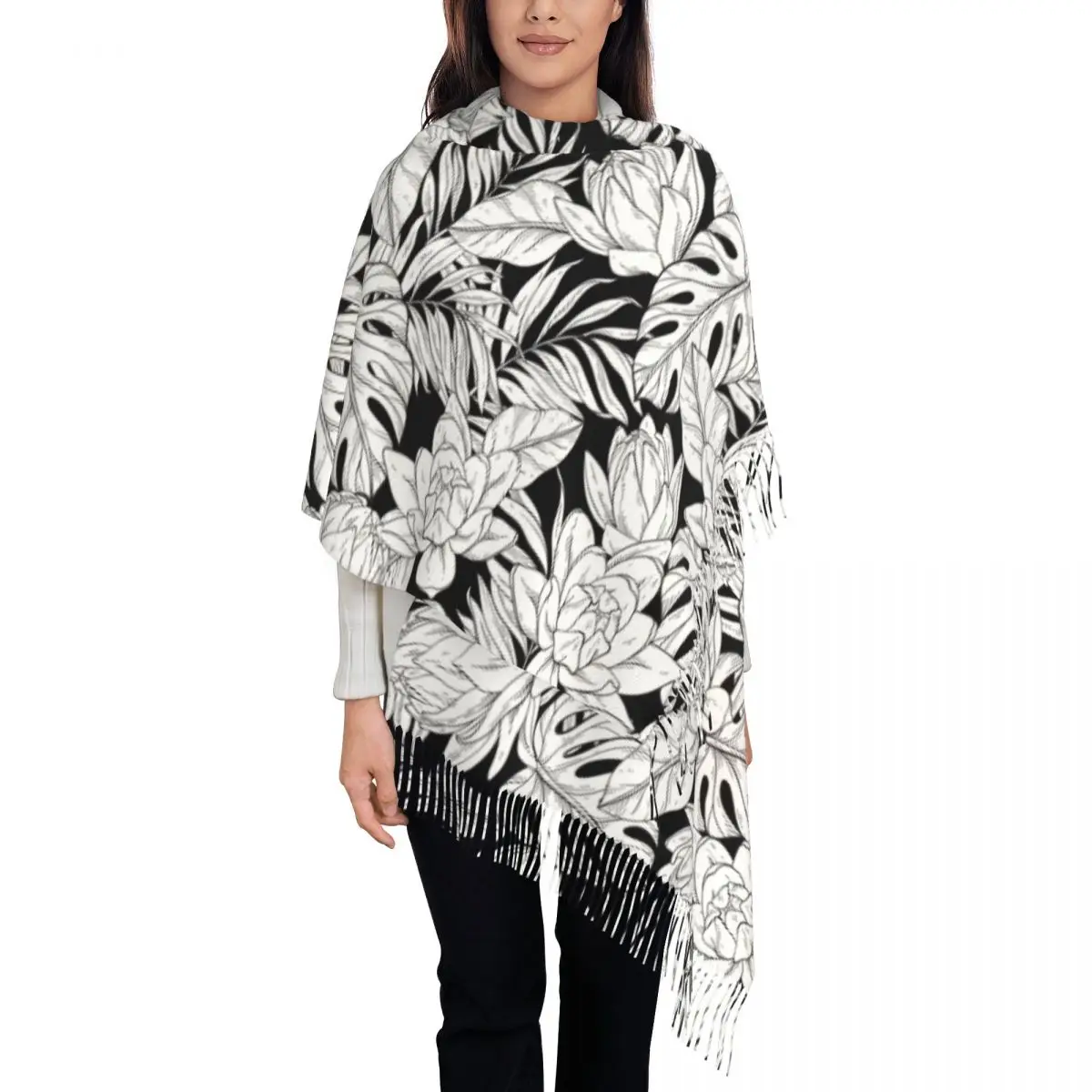 

Black And White Floral Scarf Women Lily Flowers Headwear Scarves with Long Tassel Winter Shawls Wrpas Warm Soft New Bandana