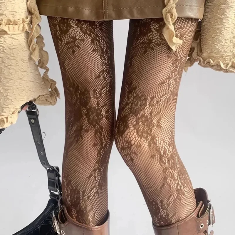 Harajuku Schwarz Weiß Braun Ausgehöhlte Spitzen-Netzstrumpfhose mit Blumenmuster am Boden Sexy Damenstrümpfe Modische Strumpfwaren – Detail 9