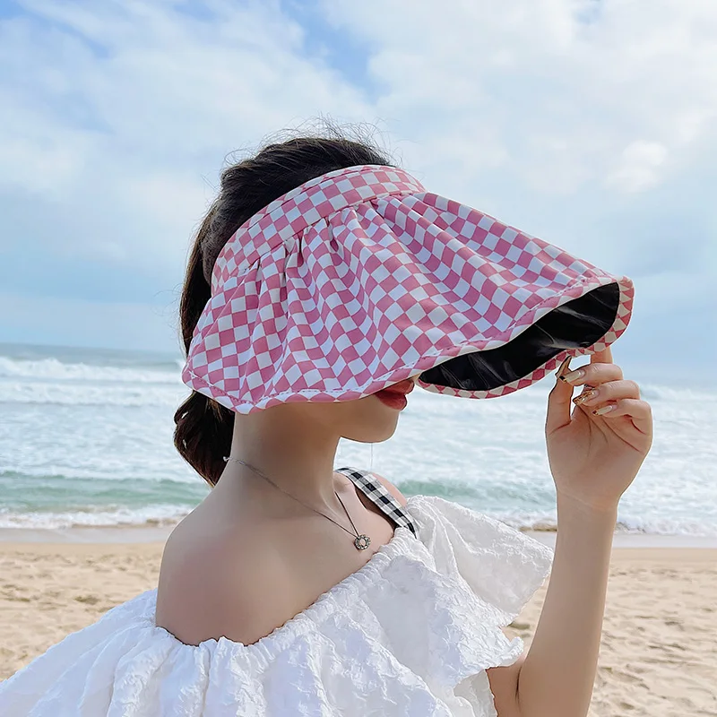 dama tahtası degrade bayan Boş şapkalar Vizör Yaz Geniş Kenarlı Güneş Şapkaları UV Korumalı Şapka Kadınlar için Plaj şapkası_voghion.com