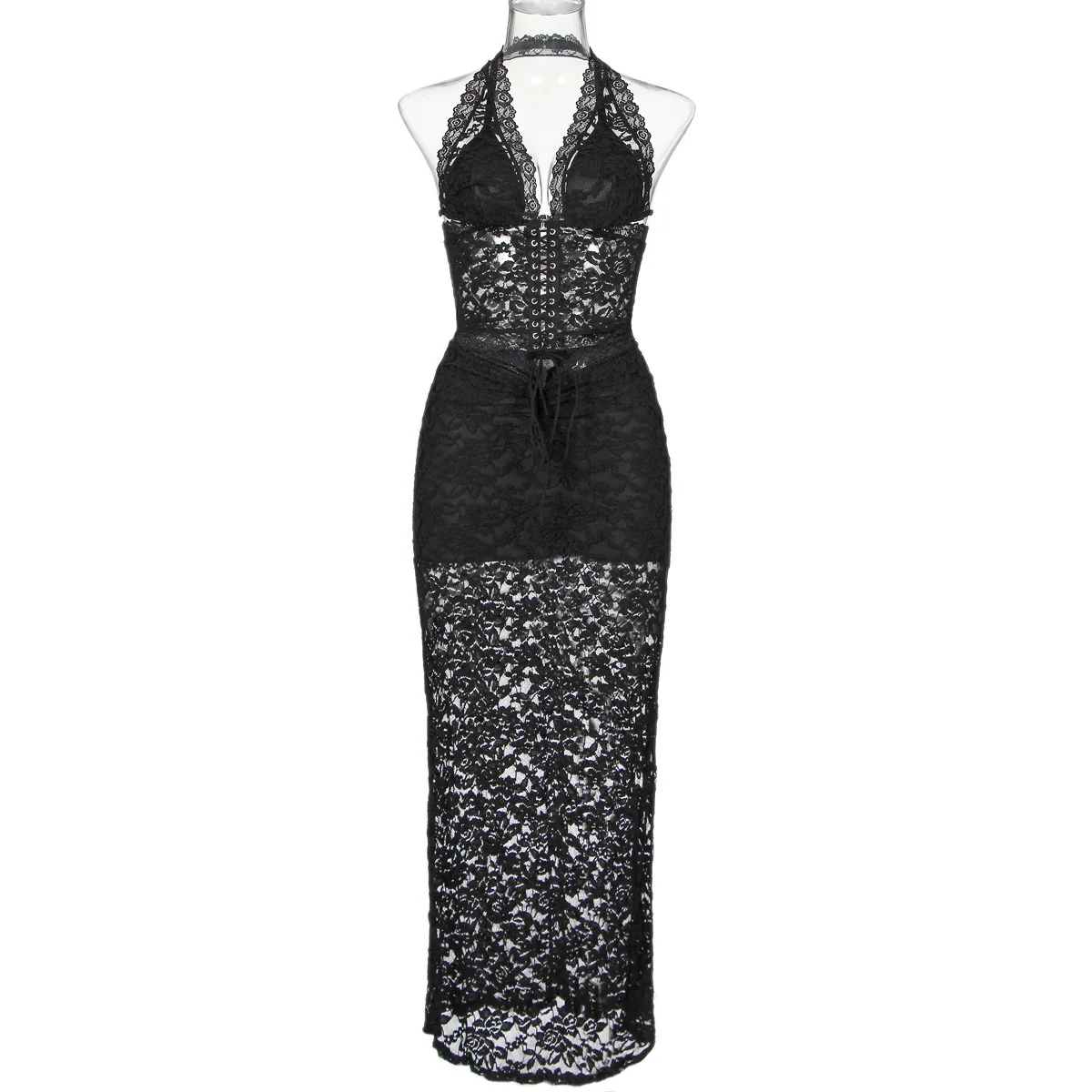 Gtpdpllt Hater Sheer Lace 3 Piece Sets Crop Top+Thong+Maxi Skirts Bandage Sexy Outfits For Women Dress Matching Sets