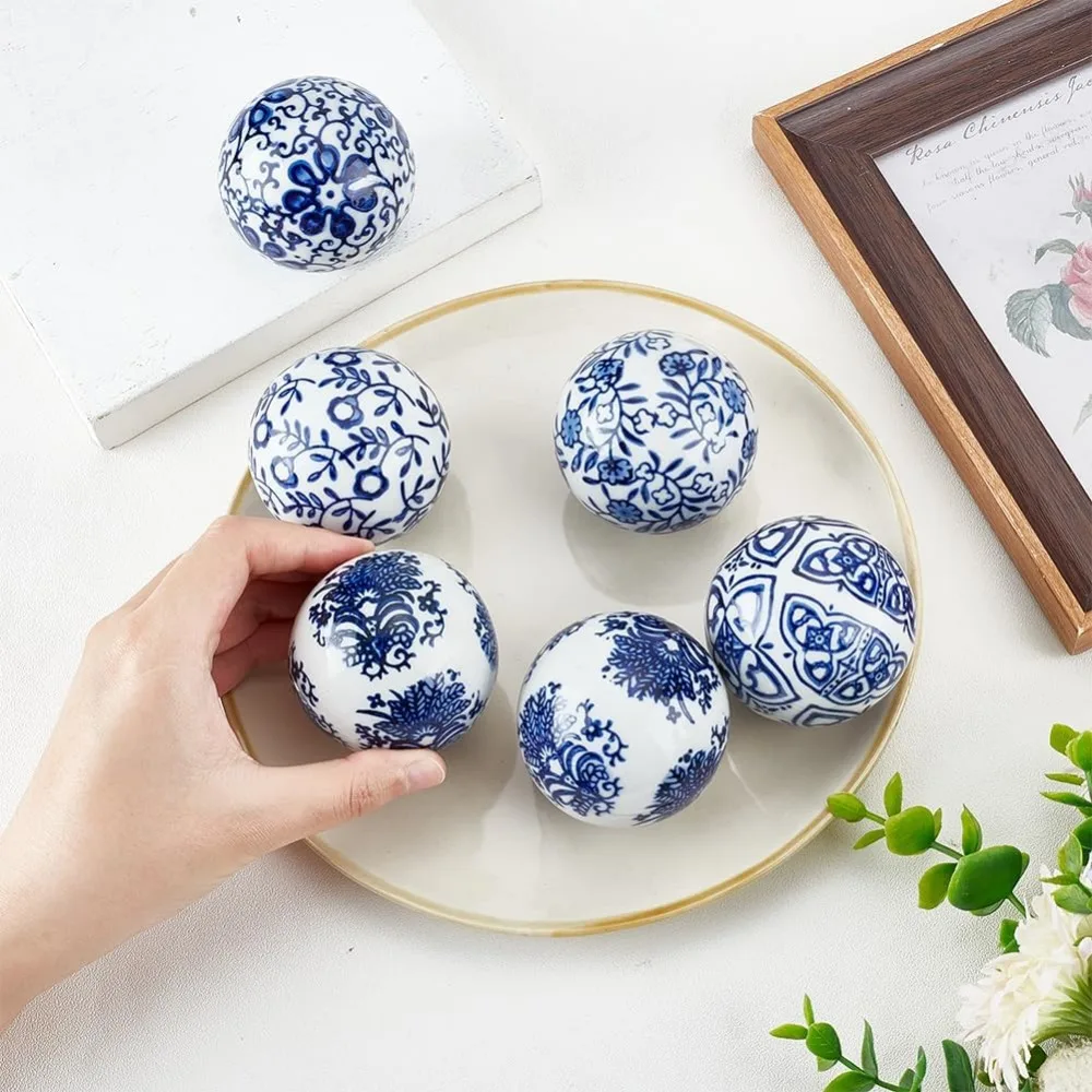 Blue and White Porcelain Balls 6Pcs Handmade Porcelain Beads 2.4 Inch Decorative Ball 2mm Hole Floating Ceramic Orbs