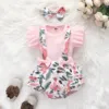 Newborn Baby Girl Clothes Set Summer Flroal Short Sleeve Romper Flower Headband 3pcs Outfit Infant Clothing Toddler Overalls Set 1