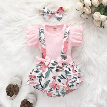 Newborn Baby Girl Clothes Set Summer Flroal Short Sleeve Romper Flower Headband 3pcs Outfit Infant Clothing Toddler Overalls Set 1