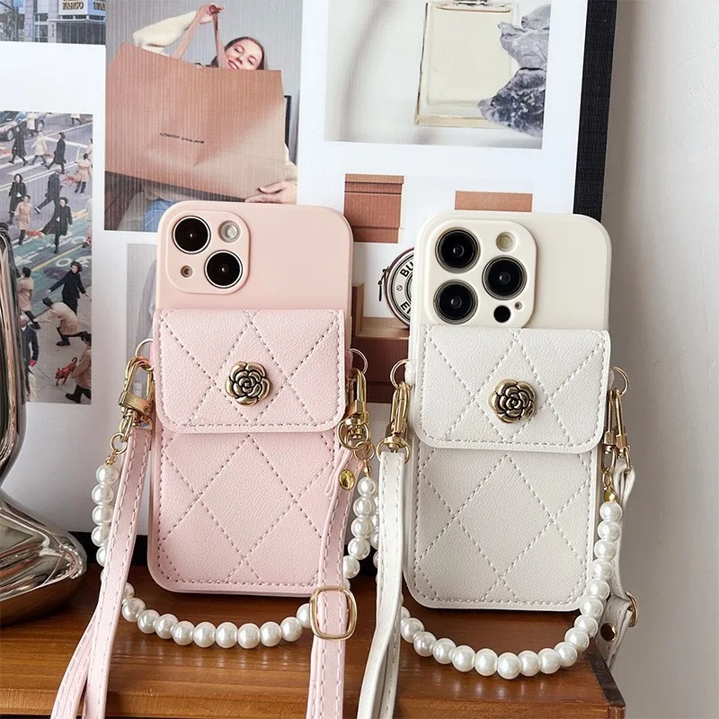 Pearl Strap Wallet Crossbody Case with Flower Detailing and Card Holder