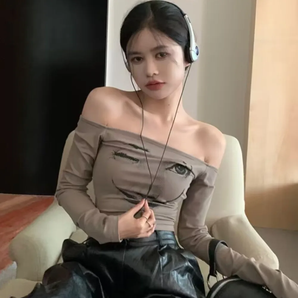 

Сексуальная футболка с длинным рукавом 2024 Повседневная Блузка с острым рисунком для девушек приталенная винтажная блузка с открытыми плечами Hottie женские короткие топы