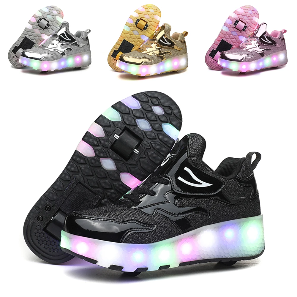 Mateju Kids Roller Skate Shoes For Boys Girls, Retractable Wheels Skateboarding Skates Outdoor Parkour Shoes 2 Wheels Fashion Sneakers Unisex Walking