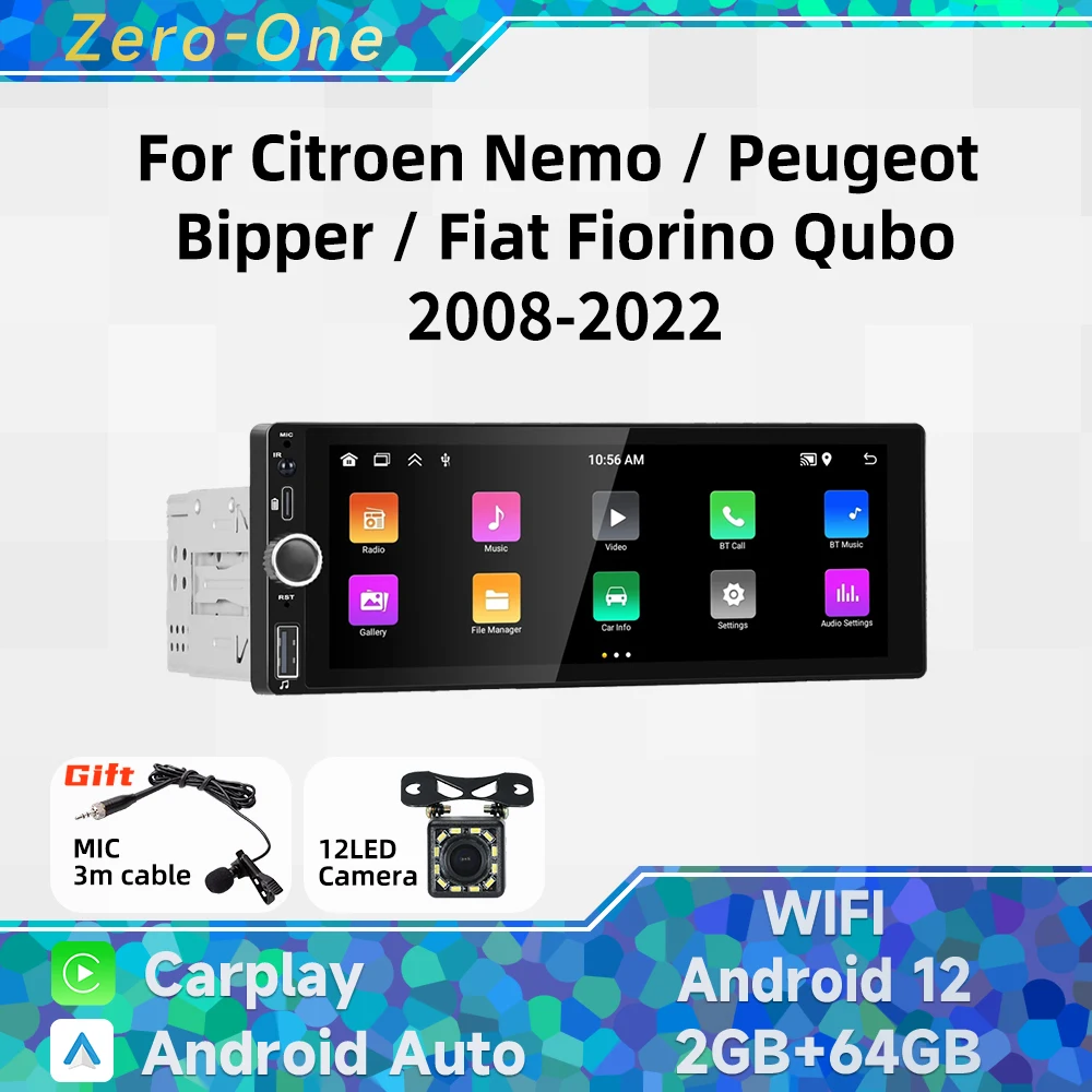 

Carplay 1Din Radio Android Car Multimedia for Citroen Nemo Peugeot Bipper Fiat Fiorino Qubo 2008-2022 Stereo Head Unit Autoradio