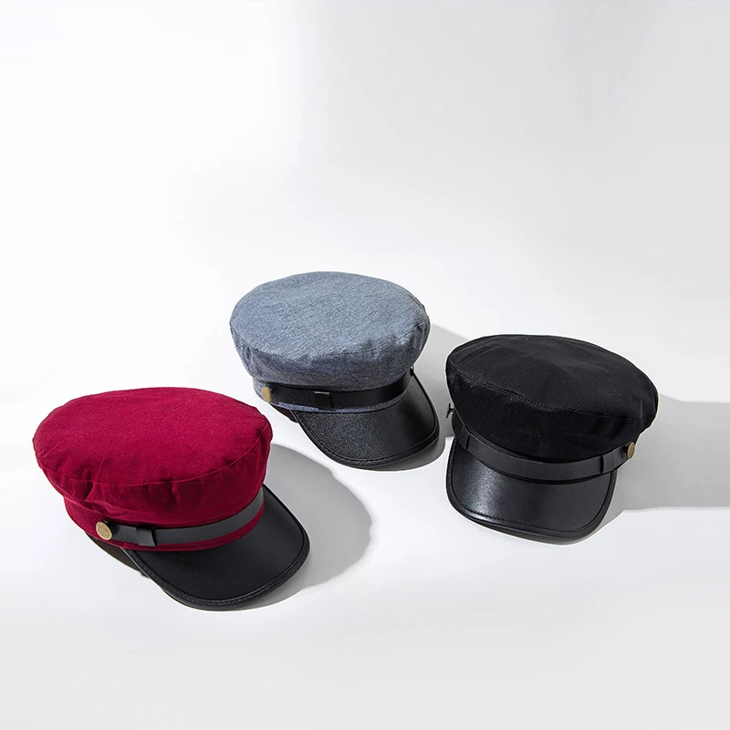 Unisex PU leather hat autumn sailor hat for women men men black female travel student captain army flat top