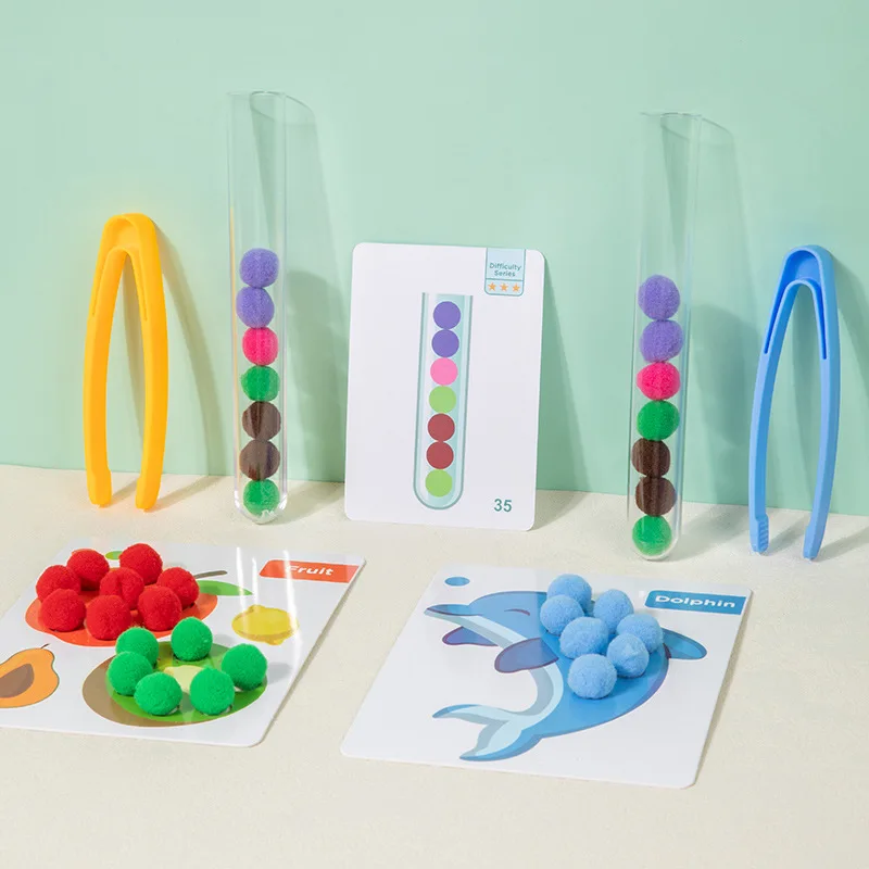 Clamp Plush Ball Game For Kids, Multi In One Clip Soft Beads Toy With Cards And Test Tubes, Color Recognition Teaching Aids 5