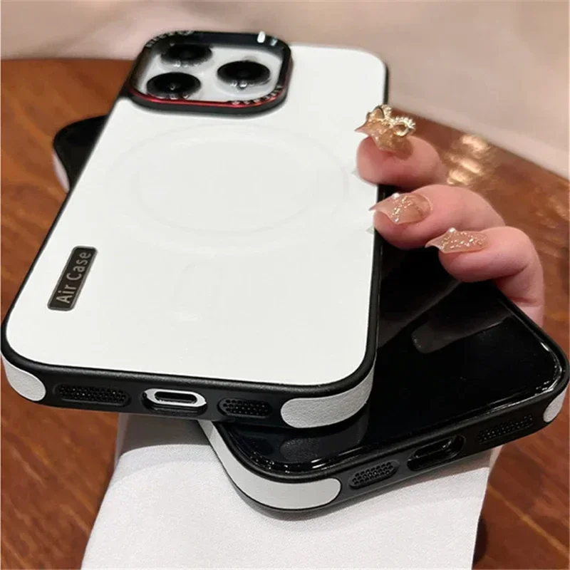 Luxury Matte Leather Magnetic Phone Case with Wireless Charging and Shockproof Bumper