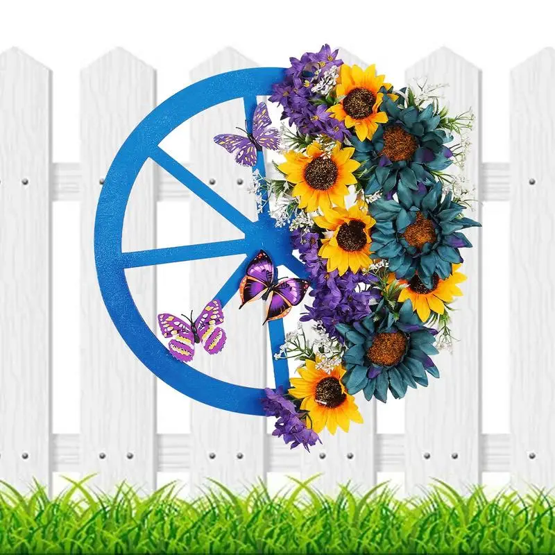 

Blue Wreath 15.7 Inches Outdoor Spring Blue Wheel Garland Decorative Door Wreath With Sunflowers Butterflies Spring Flower Decor