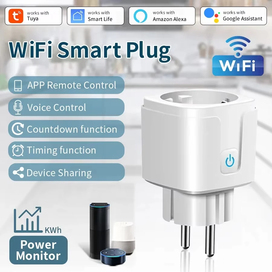 WiFi Smart Socket EU Plug with Power Monitoring – App-Controlled and Voice-Assistant Compatible