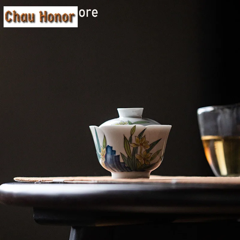 100ml Pure Hand-painted Narcissus Orchid Art Tea Tureen Boutique Tea Maker Gaiwan Ceramic Hand Grasping Tea Bowl Kung Fu Teaware