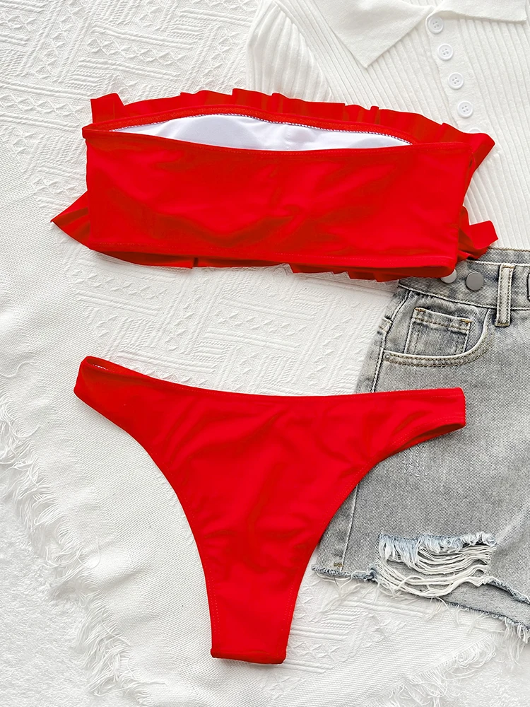 2022 Sexy Solid Bandeau Bikini Ruffle Swimwear Women Swimsuit Female Two Pieces Bikini Set Bathing Suit Summer Beach Wear Bather cheap bikini sets