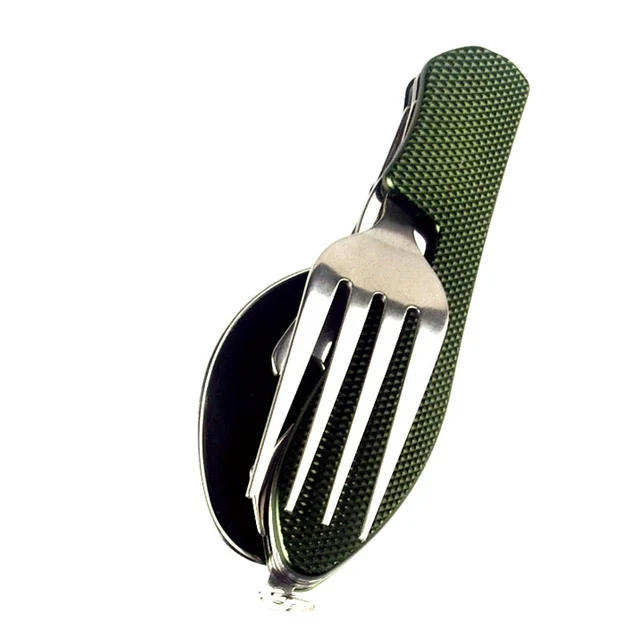 4 In 1 Outdoor Tableware Set Camping Cooking Supplies Stainless Steel Spoon Folding Pocket Kits Home Picnic Hiking Travel Tools Green