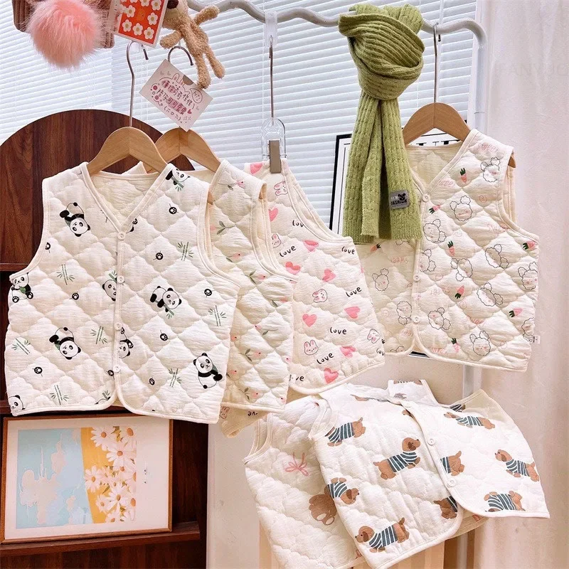 Autumn Winter Children Girl Vest Cartoon Printed Cotton Soft Infant Baby Boy Waistcoat V-collar Toddler Kids Sleeveless Cardigan