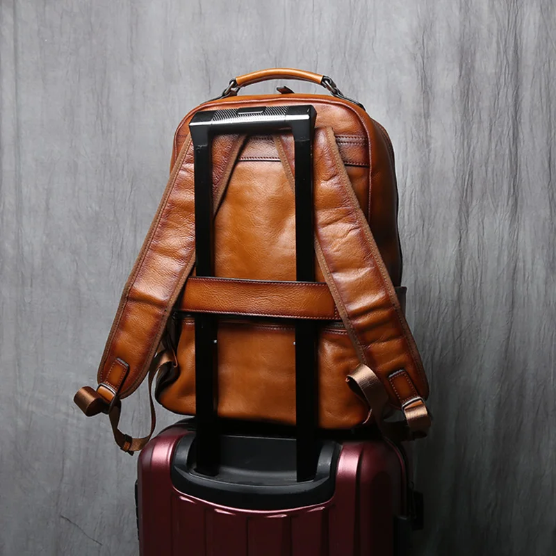 NZPJ Genuine Leather Men's Backpack Natural Cowhide Schoolbag Fashion Computer Bag Casual Men's Bag Suitable For 16 Inch Laptop