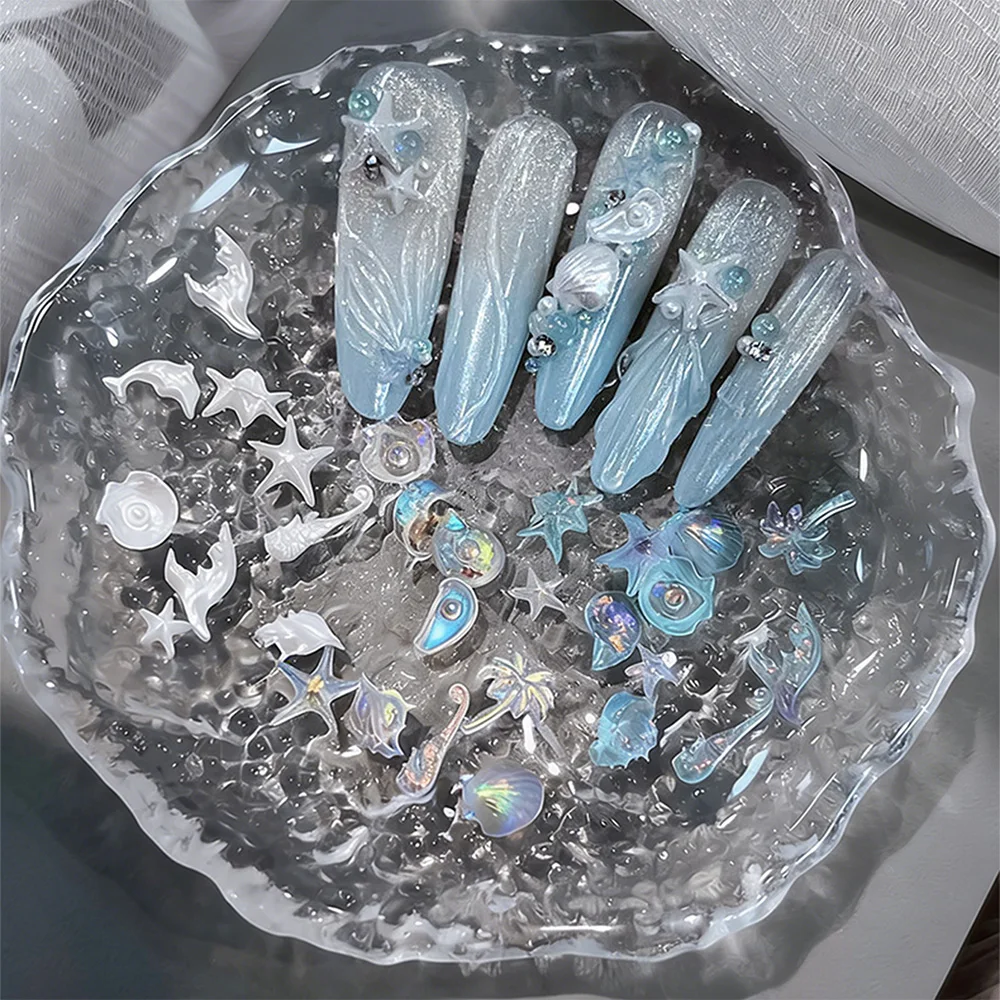 50개/봉투 3D 바다 테마 네일 아트 참 믹스 레진 불가사리 코코넛 나무 조개 소라 해마 네일 장식 네일 용품