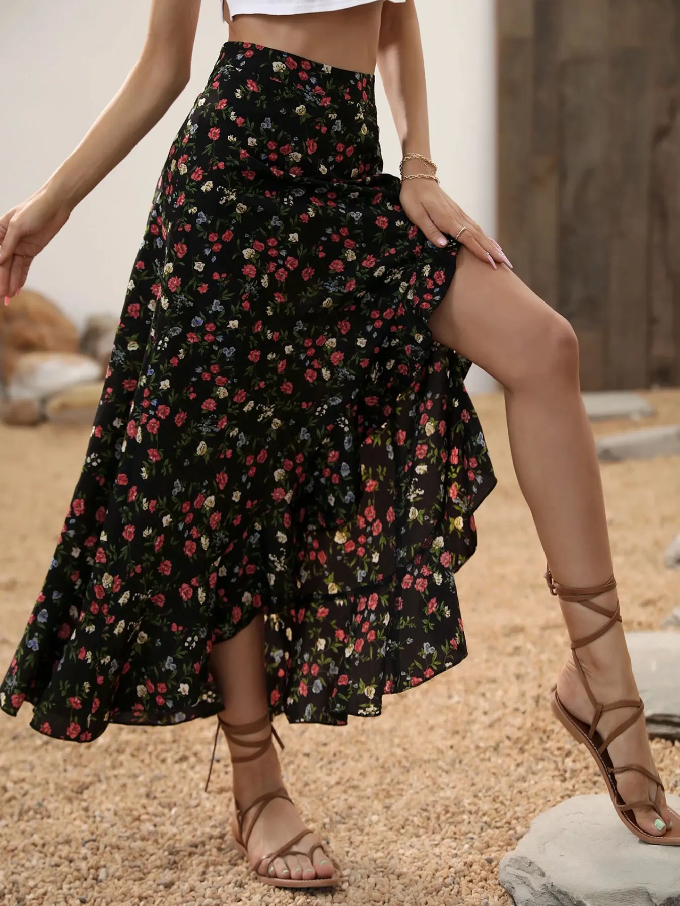 Women's Summer Boho Ruffle Skirt, High Slit Long Regular Fit High Waist Small Flower Print Dress, Casual Beachwear 3