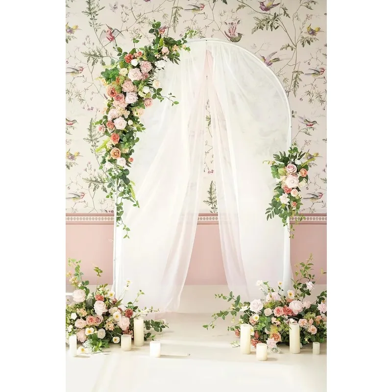 Deluxe Spring Pink Artificial Wedding Arch Flowers with Drapes Kit-Pack of 5, 2pcs Flower Arrangements 3pcs Hanging Sheer Drapes
