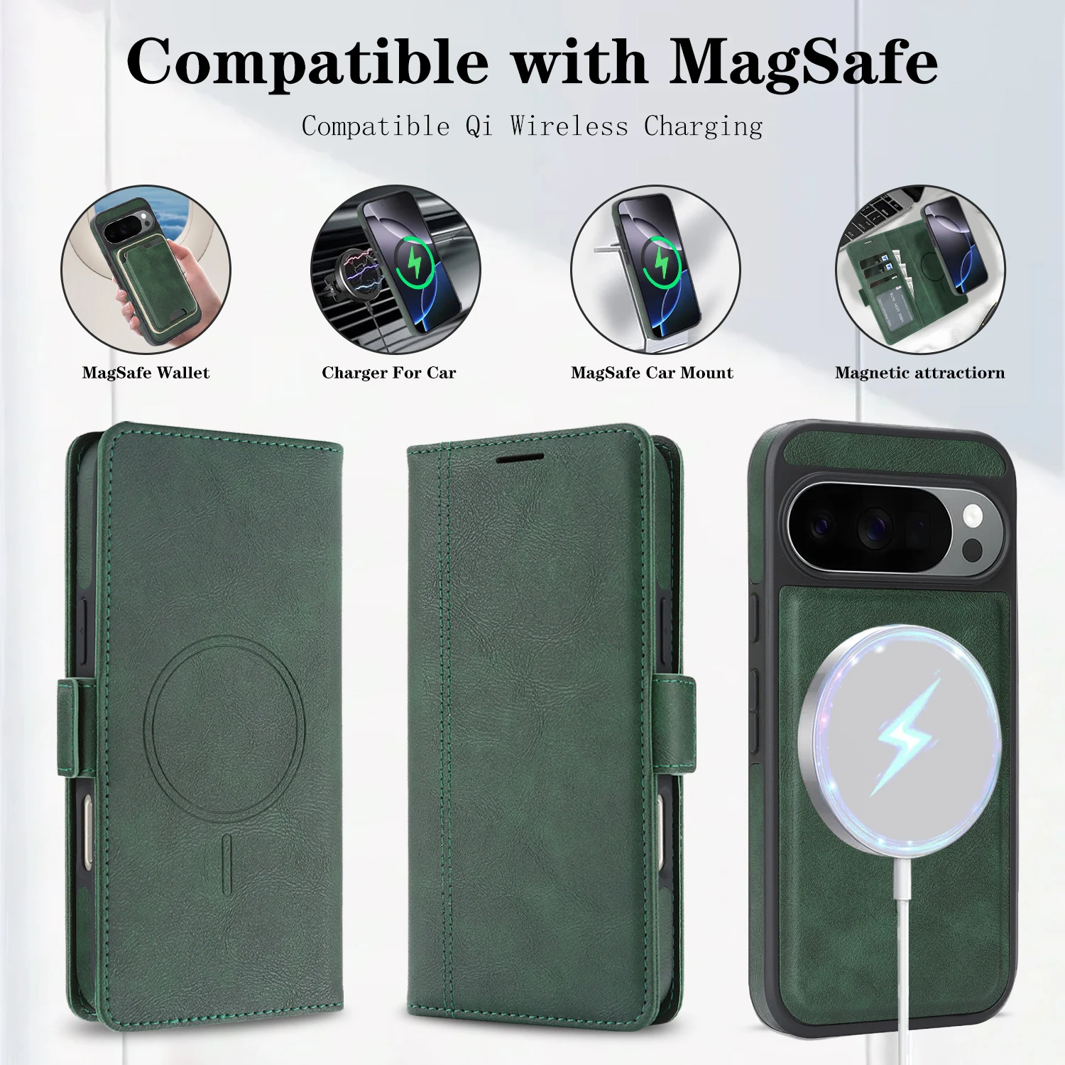 Premium 2-in-1 Leather Wallet Phone Case with Wireless Charging & Magnetic Closure