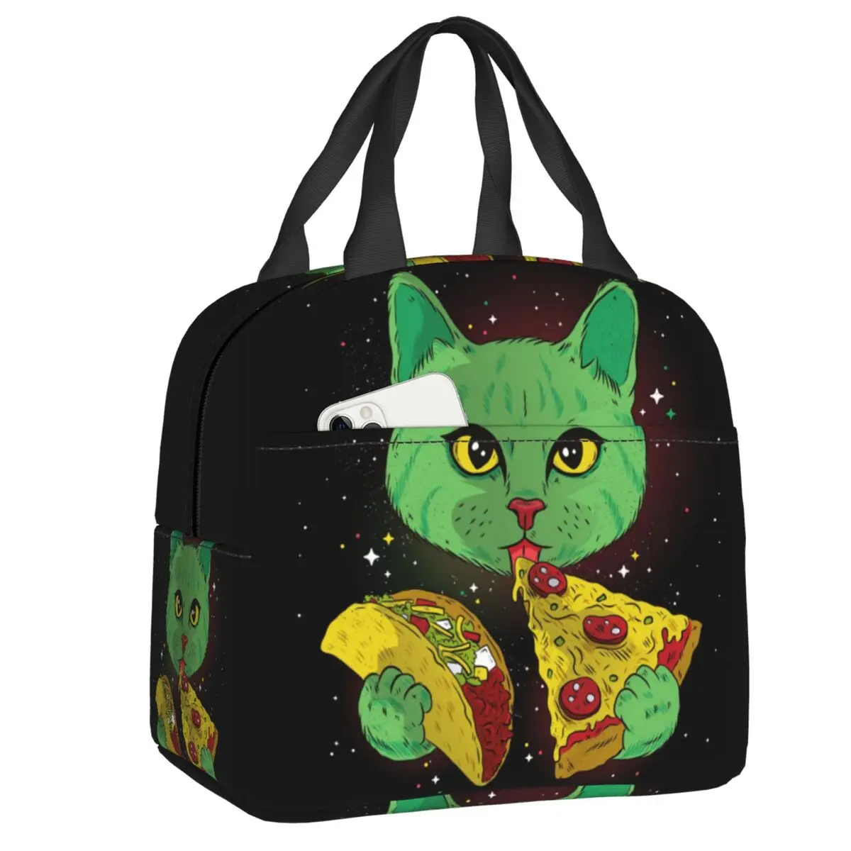 

Funny Alien Cat Eating Pizza Thermal Insulated Lunch Bags Women Cartoon Lunch Container for School Office Outdoor Food Box