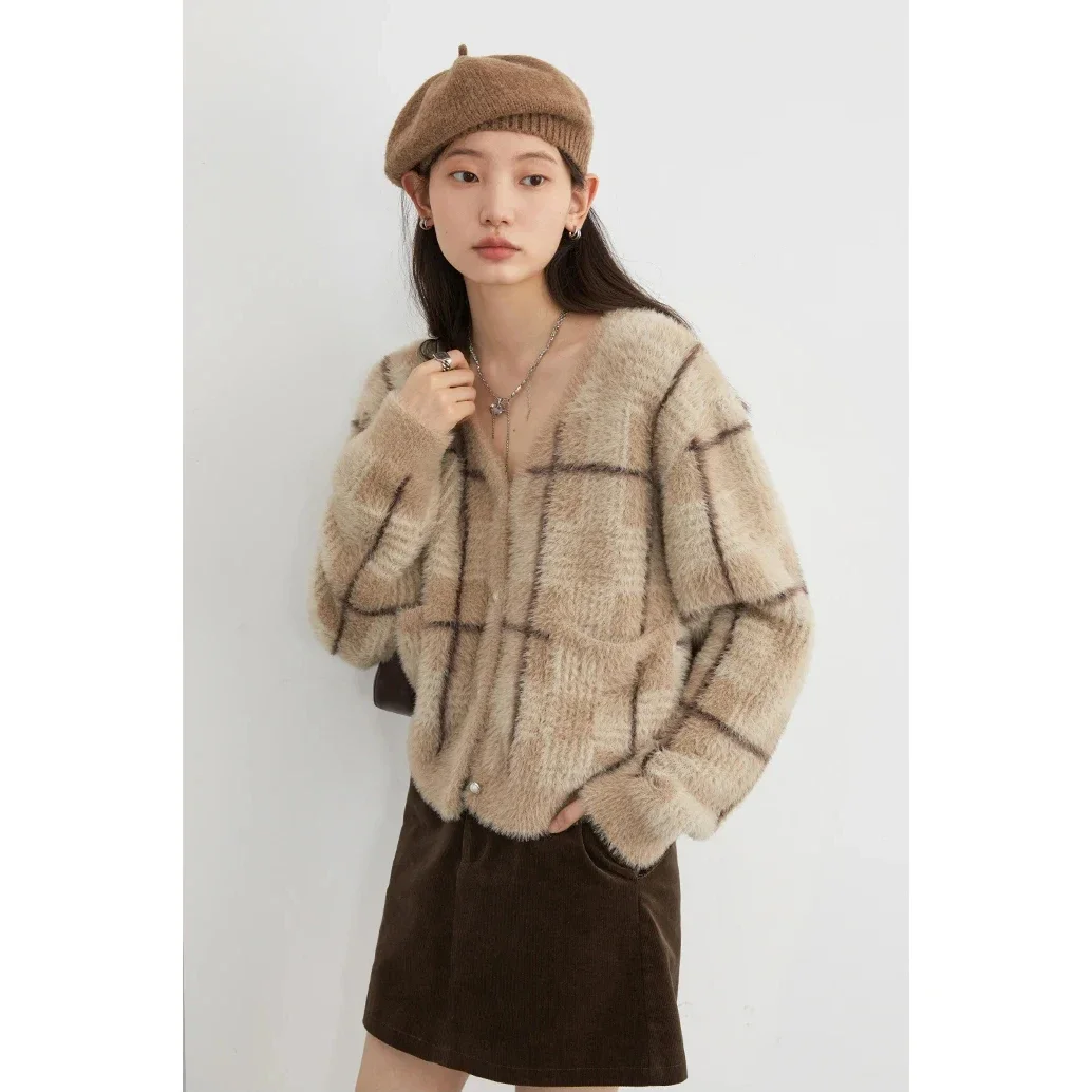 CHIC VEN Women's Cardigan Single Breasted New Vintage Plaid Sweater Soft Woman Jumpers Female Top Winter Autumn 2023 6