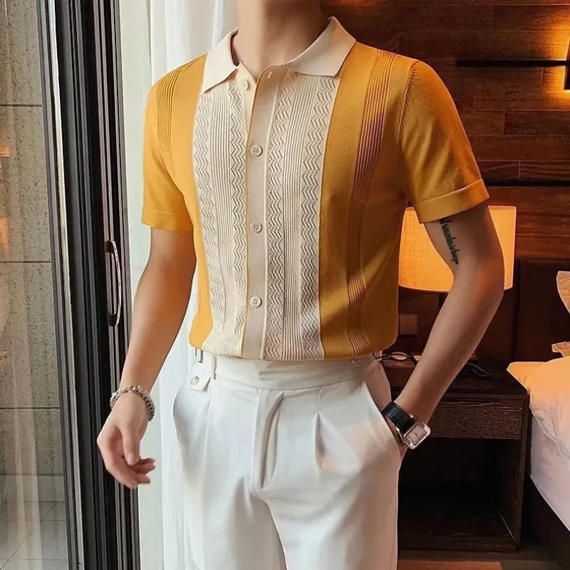 

Men's matching color slim-fit ice silk lapel T-shirt