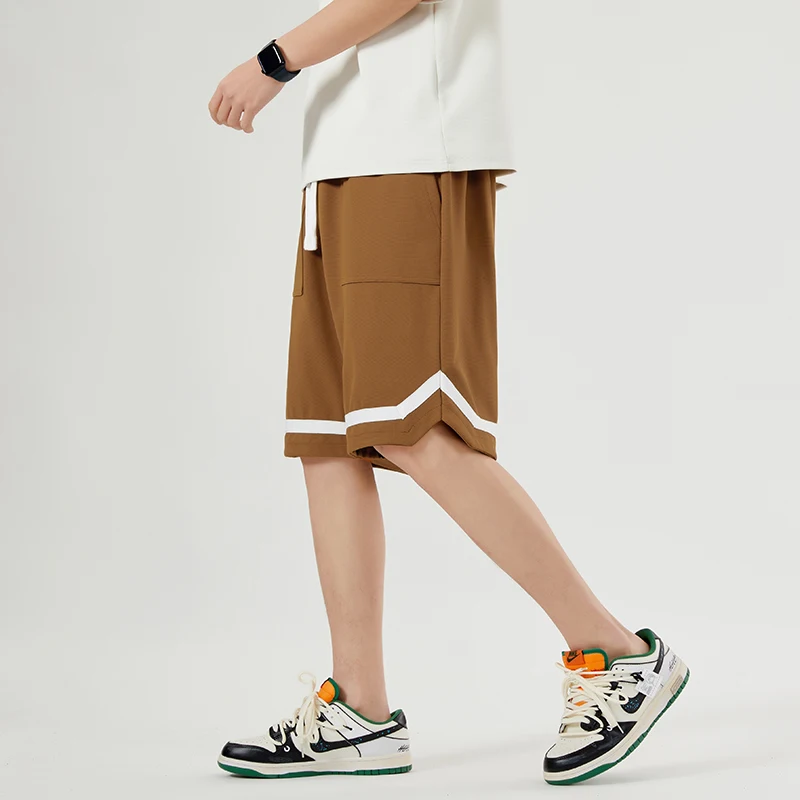 Sports Youthful Vitality Casual Shorts Men's Clothing Solid Color Stylish Spliced Summer Straight Basic Drawstring Knee Pants