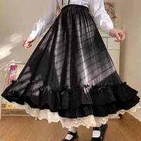Japanese ruffles pleated skirt woman sweet high waist loose Ankle-length skirts women college style black patchwork A-line skirt - Image 2