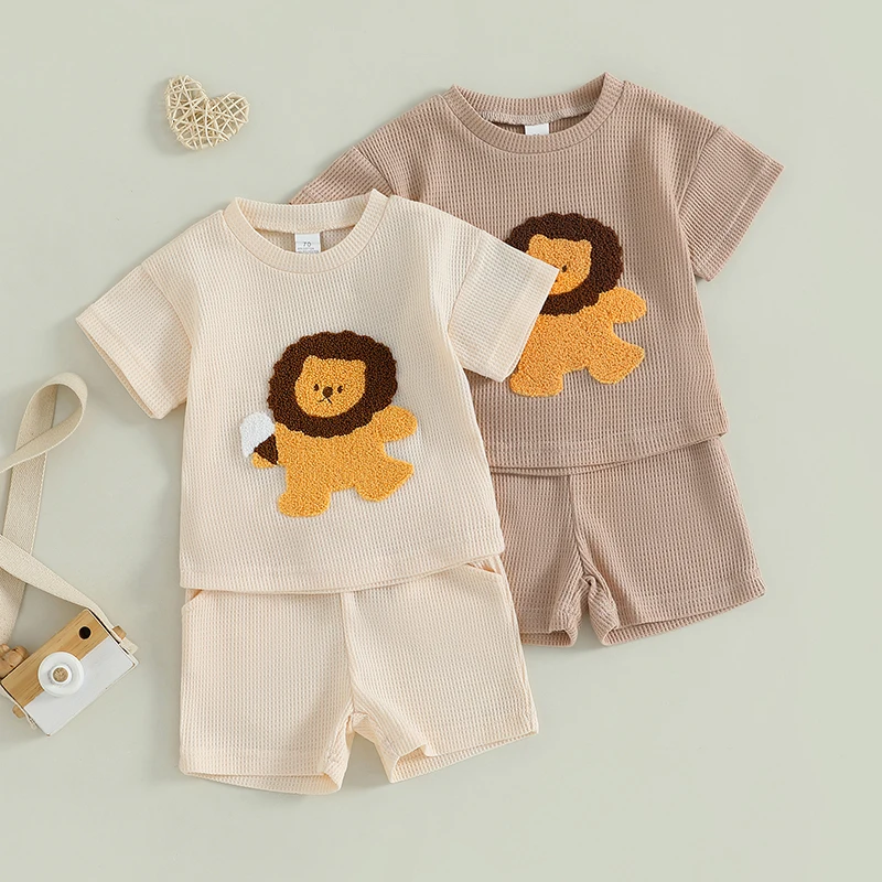 Toddler Boy Summer Waffle Outfits Lion Embroidery Round Neck Short Sleeve Tops with Elastic Waist Shorts Outfit Clothing
